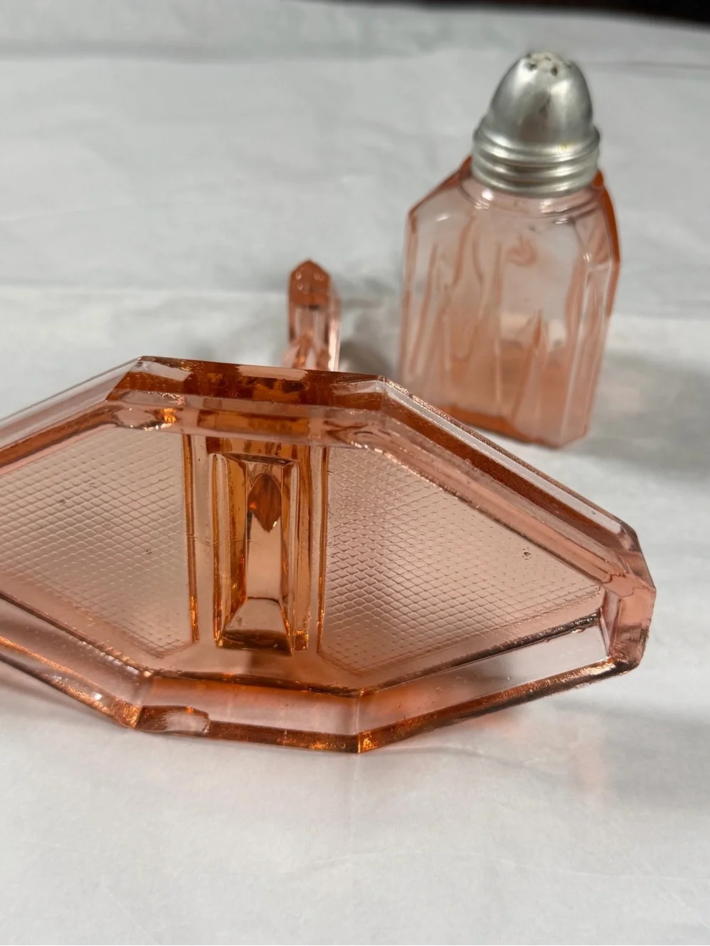 Vintage Pink Depression Glass Condiment Caddy Stand & Single Shaker Art Deco
